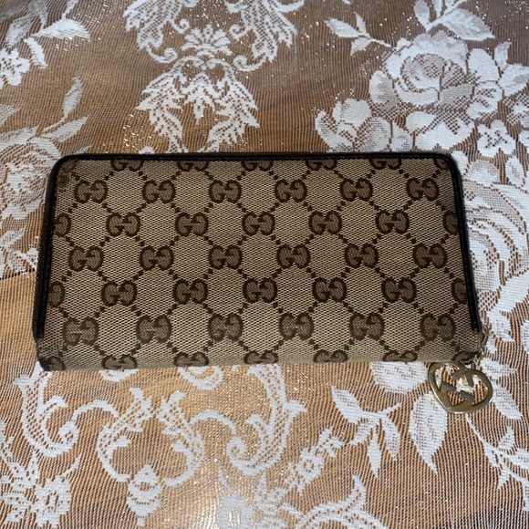 AUTHENTIC GUCCI LONG WALLET 308005 CANVAS & LEATHER HEART FOB ZIP AROUND - Picture 12 of 12